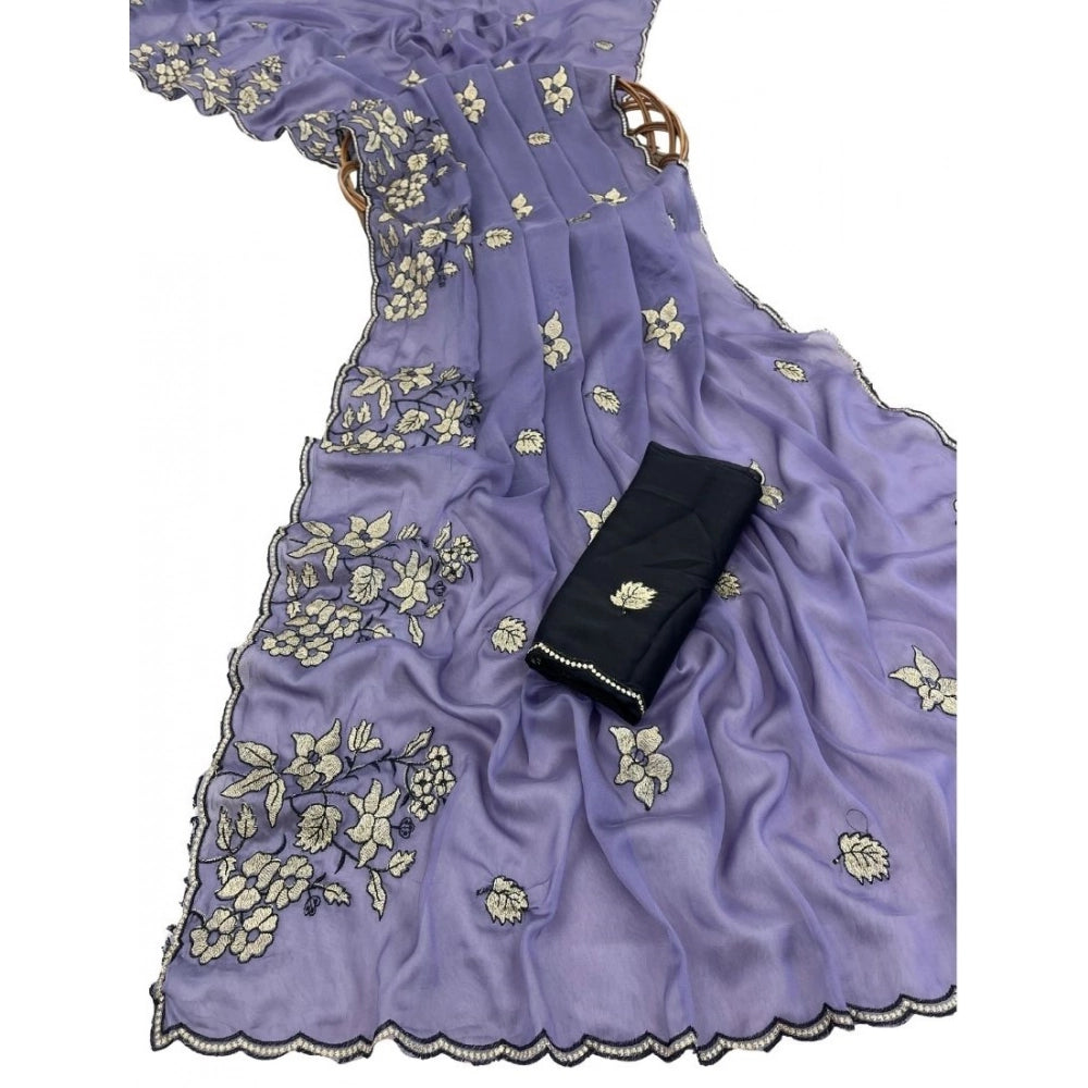 Women's Viscose Silk Embroidered Saree With Unstitched Blouse 5.5Mtr (Purple)