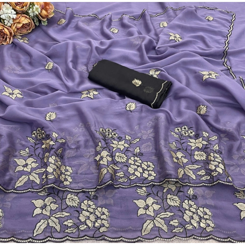 Women's Viscose Silk Embroidered Saree With Unstitched Blouse 5.5Mtr (Purple)
