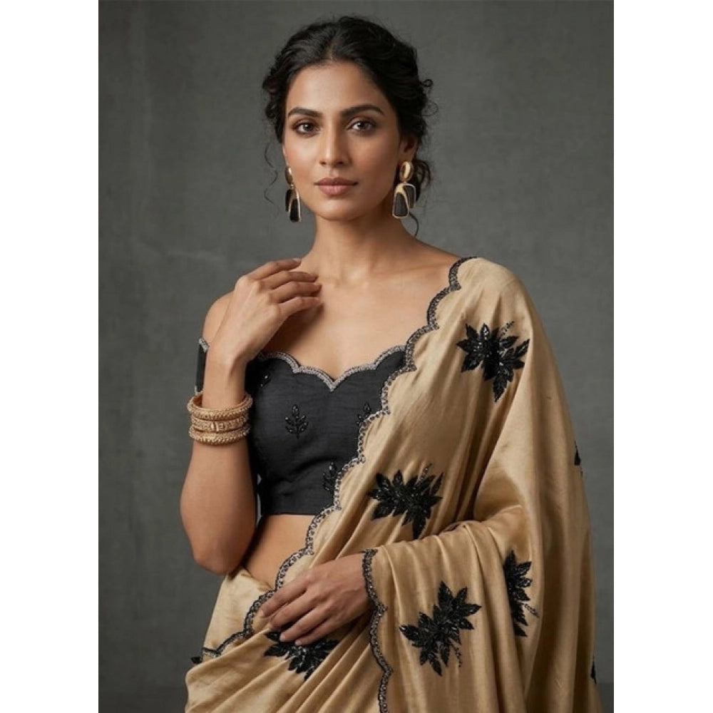 Women's Viscose Silk Embroidered Saree With Unstitched Blouse 5.5Mtr (Beige)