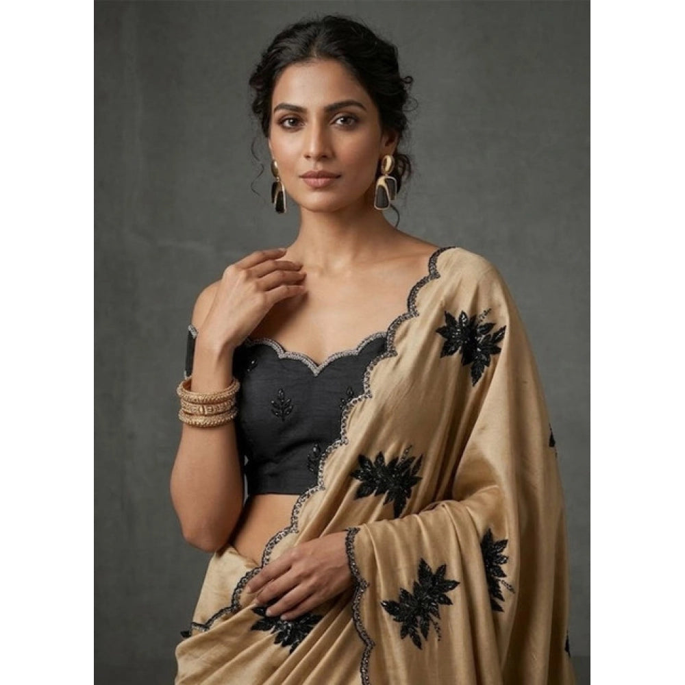Women's Viscose Silk Embroidered Saree With Unstitched Blouse 5.5Mtr (Beige)