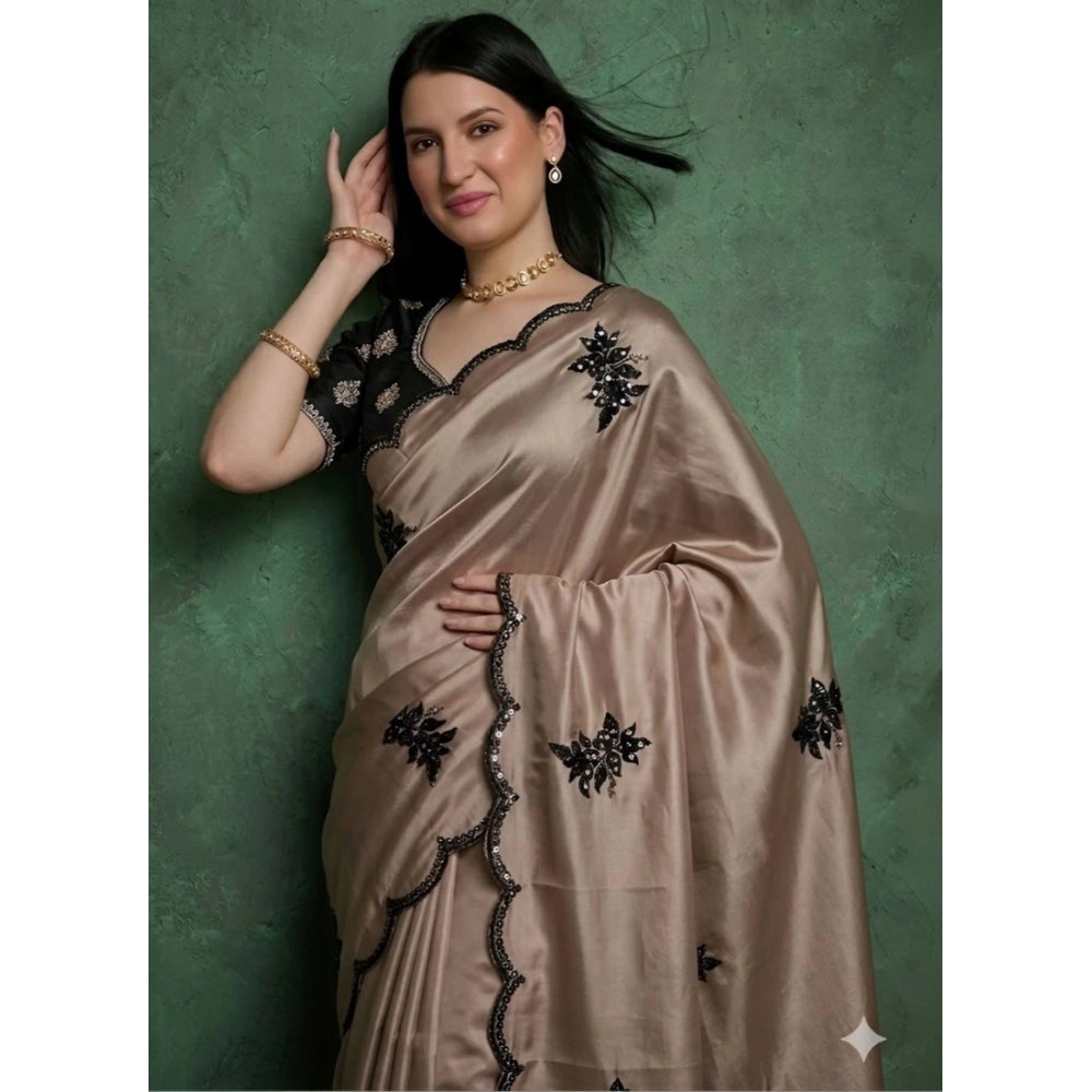 Women's Viscose Silk Embroidered Saree With Unstitched Blouse 5.5Mtr (Beige)