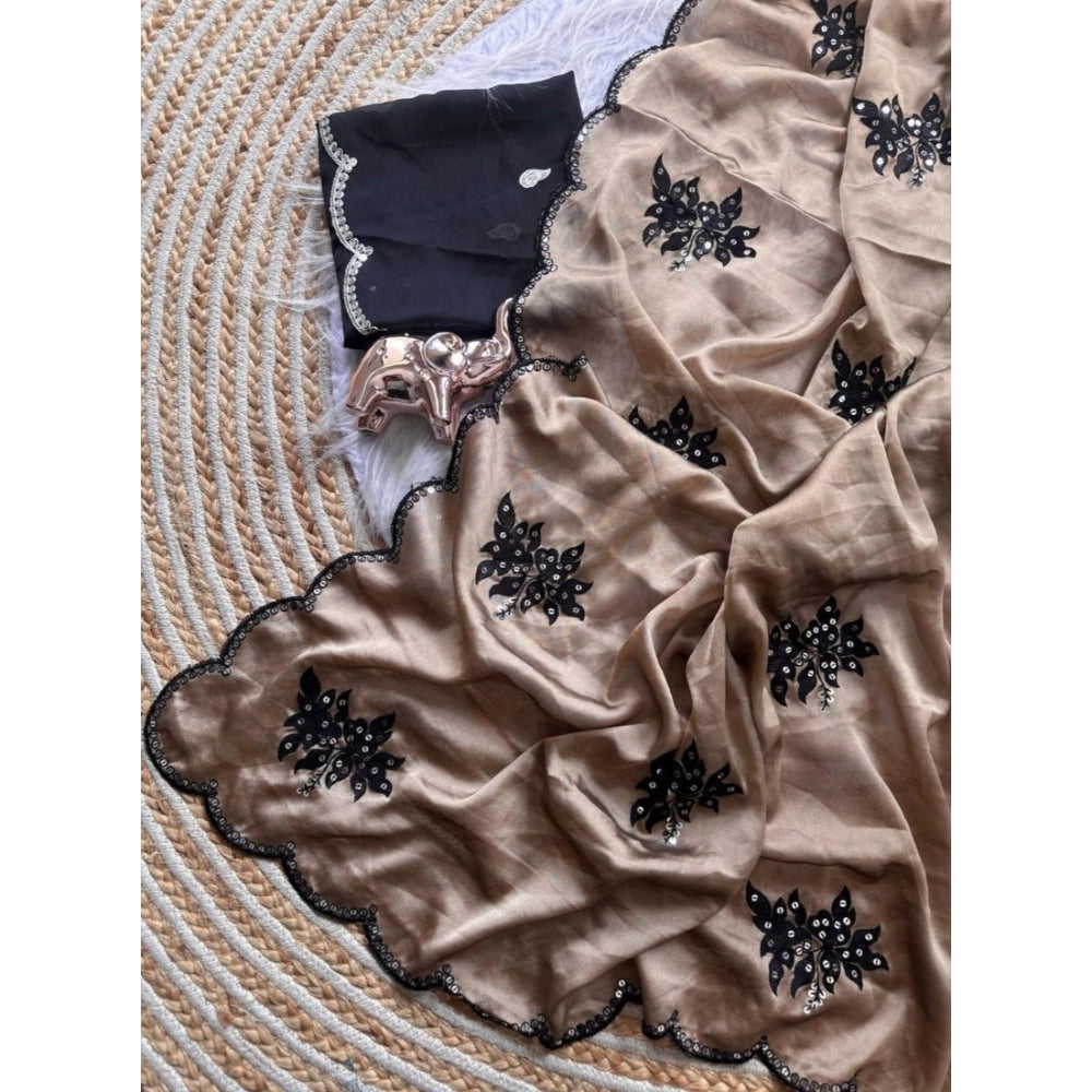 Women's Viscose Silk Embroidered Saree With Unstitched Blouse 5.5Mtr (Beige)