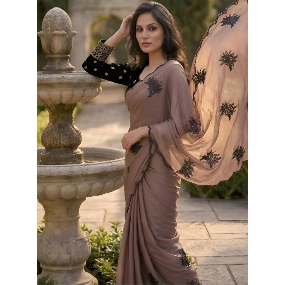 Women's Viscose Silk Embroidered Saree With Unstitched Blouse 5.5Mtr (Brown)