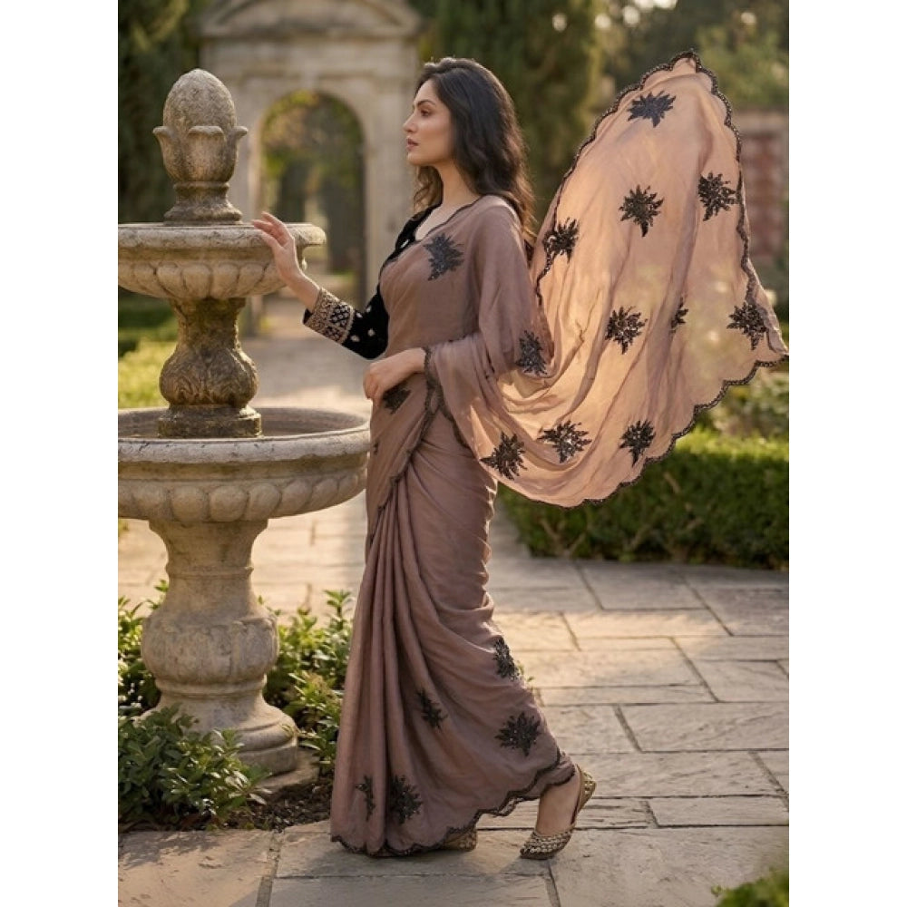 Women's Viscose Silk Embroidered Saree With Unstitched Blouse 5.5Mtr (Brown)