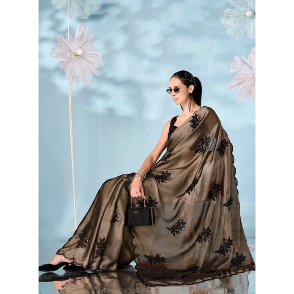 Women's Viscose Silk Embroidered Saree With Unstitched Blouse 5.5Mtr (Beige)