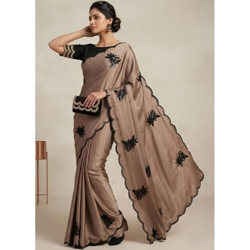Women's Viscose Silk Embroidered Saree With Unstitched Blouse 5.5Mtr (Beige)