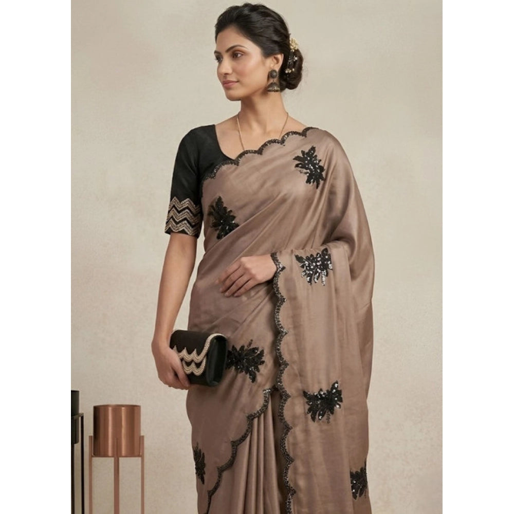 Women's Viscose Silk Embroidered Saree With Unstitched Blouse 5.5Mtr (Beige)