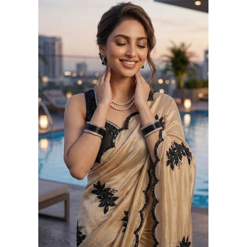 Women's Viscose Silk Embroidered Saree With Unstitched Blouse 5.5Mtr (Beige)