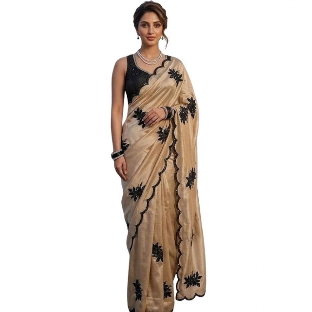 Women's Viscose Silk Embroidered Saree With Unstitched Blouse 5.5Mtr (Beige)