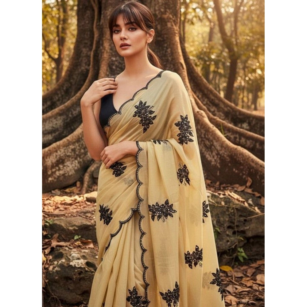 Women's Viscose Silk Embroidered Saree With Unstitched Blouse 5.5Mtr (Beige)