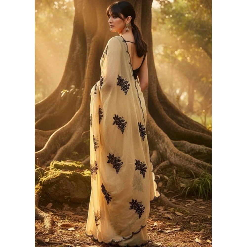Women's Viscose Silk Embroidered Saree With Unstitched Blouse 5.5Mtr (Beige)