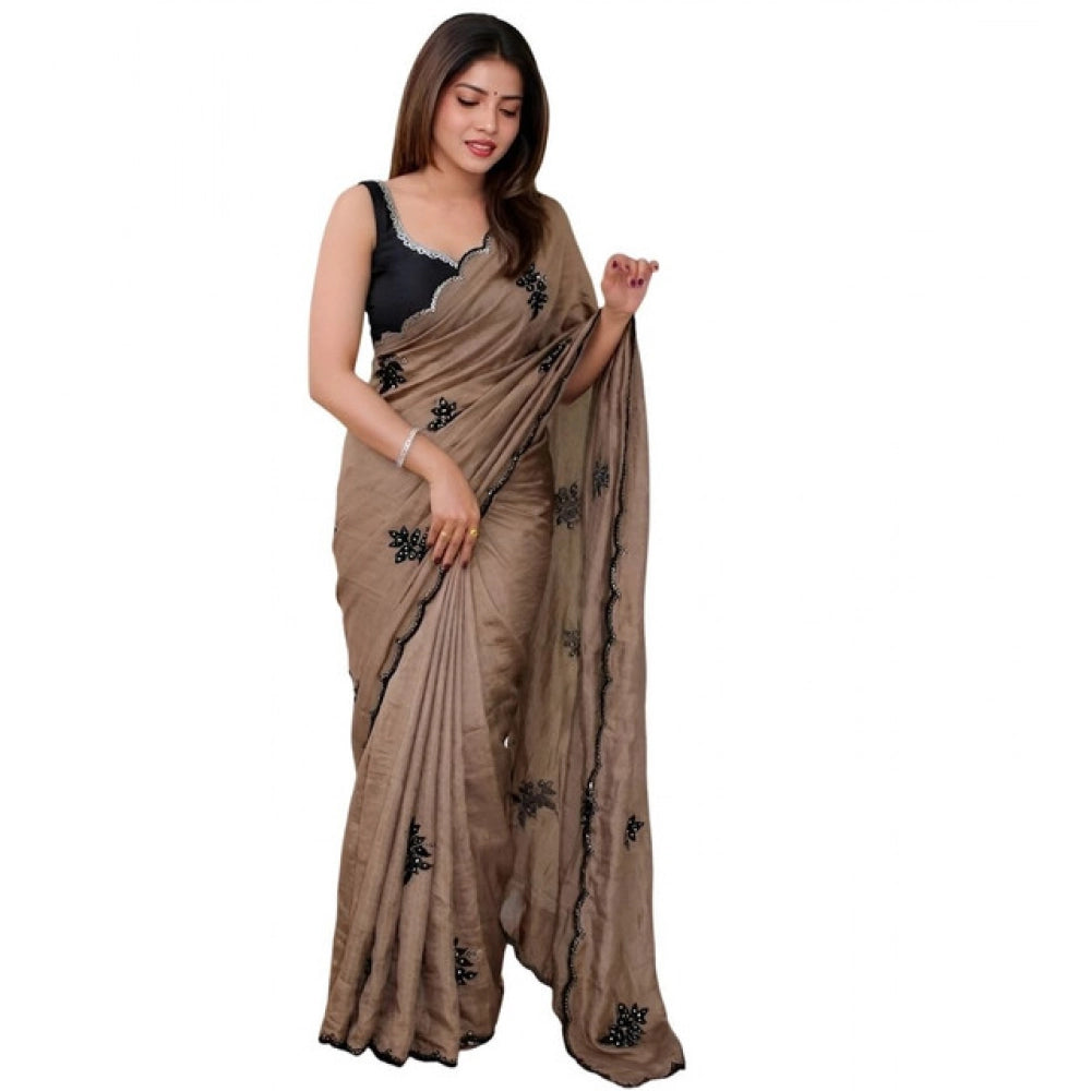 Women's Viscose Silk Embroidered Saree With Unstitched Blouse 5.5Mtr (Brown)