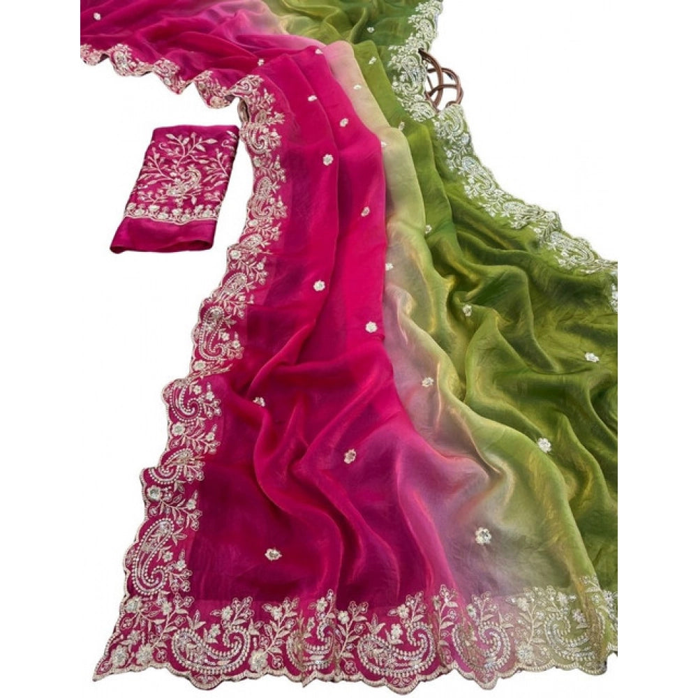 Women's Satin Embellished Saree With Unstitched Blouse 5.5Mtr (Multicolor)