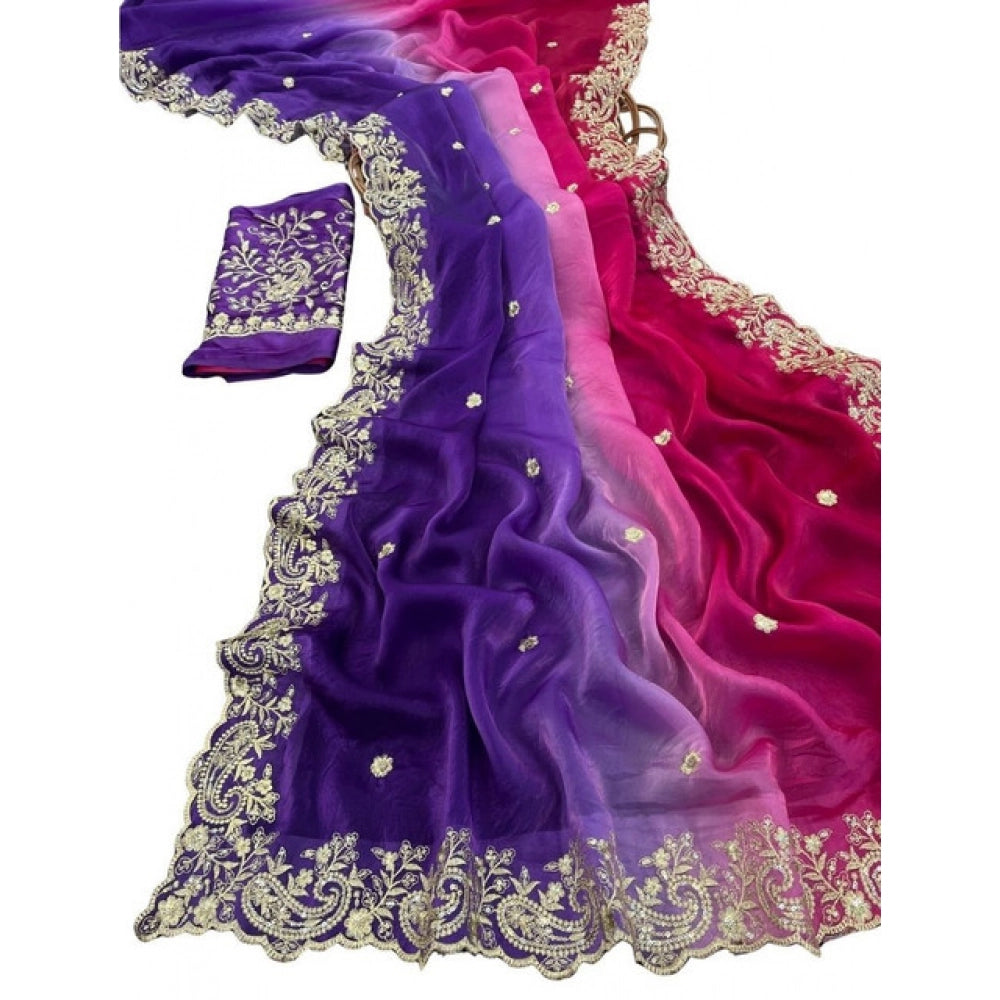 Women's Satin Embellished Saree With Unstitched Blouse 5.5Mtr (Multicolor)
