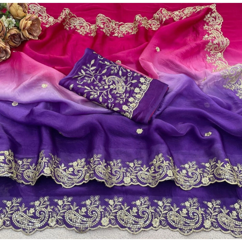 Women's Satin Embellished Saree With Unstitched Blouse 5.5Mtr (Multicolor)
