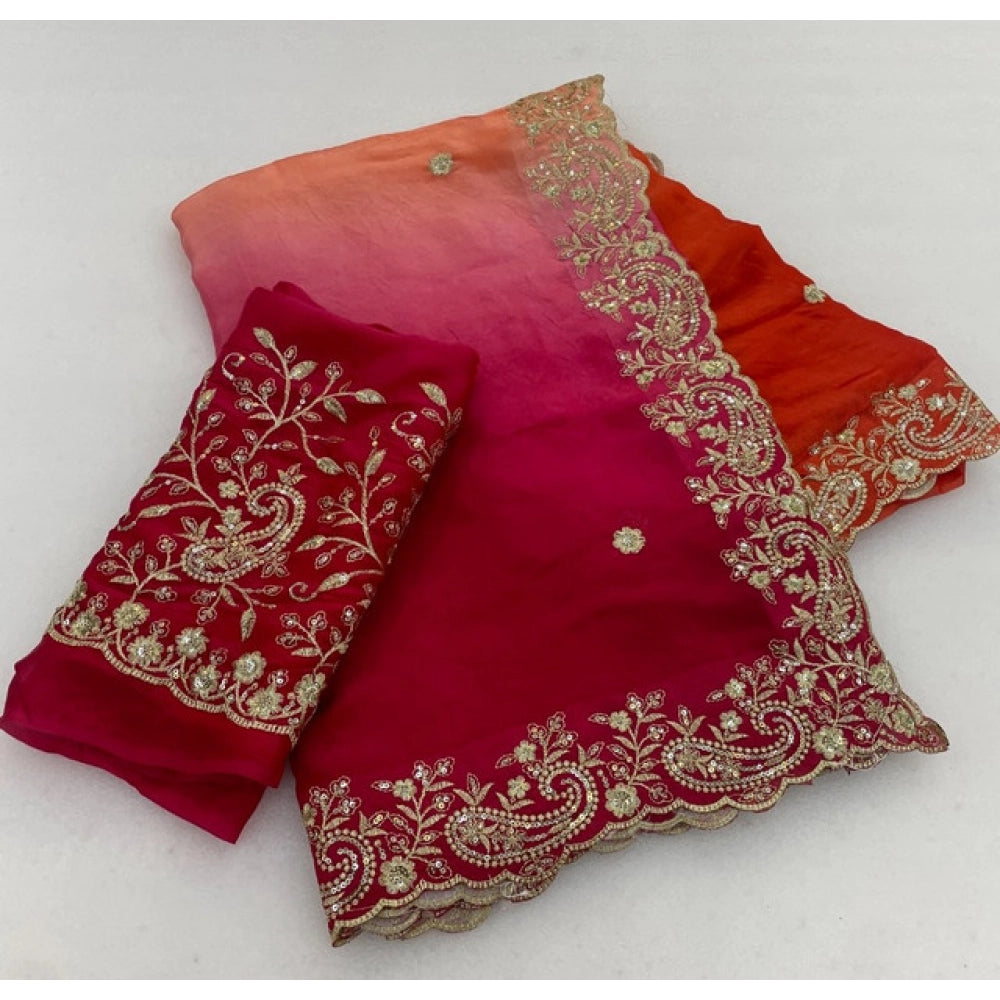 Women's Satin Embellished Saree With Unstitched Blouse 5.5Mtr (Multicolor)