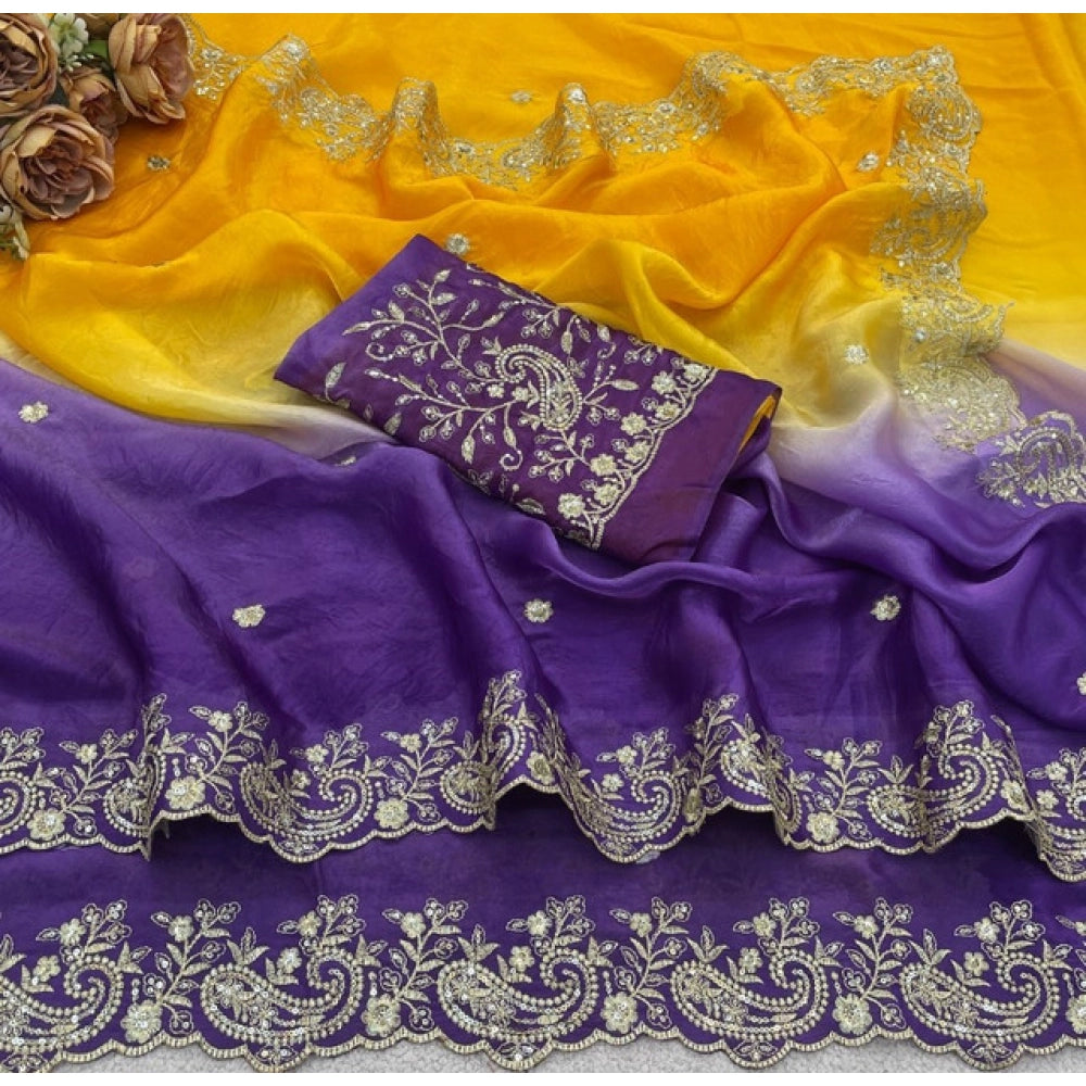Women's Satin Embellished Saree With Unstitched Blouse 5.5Mtr (Multicolor)