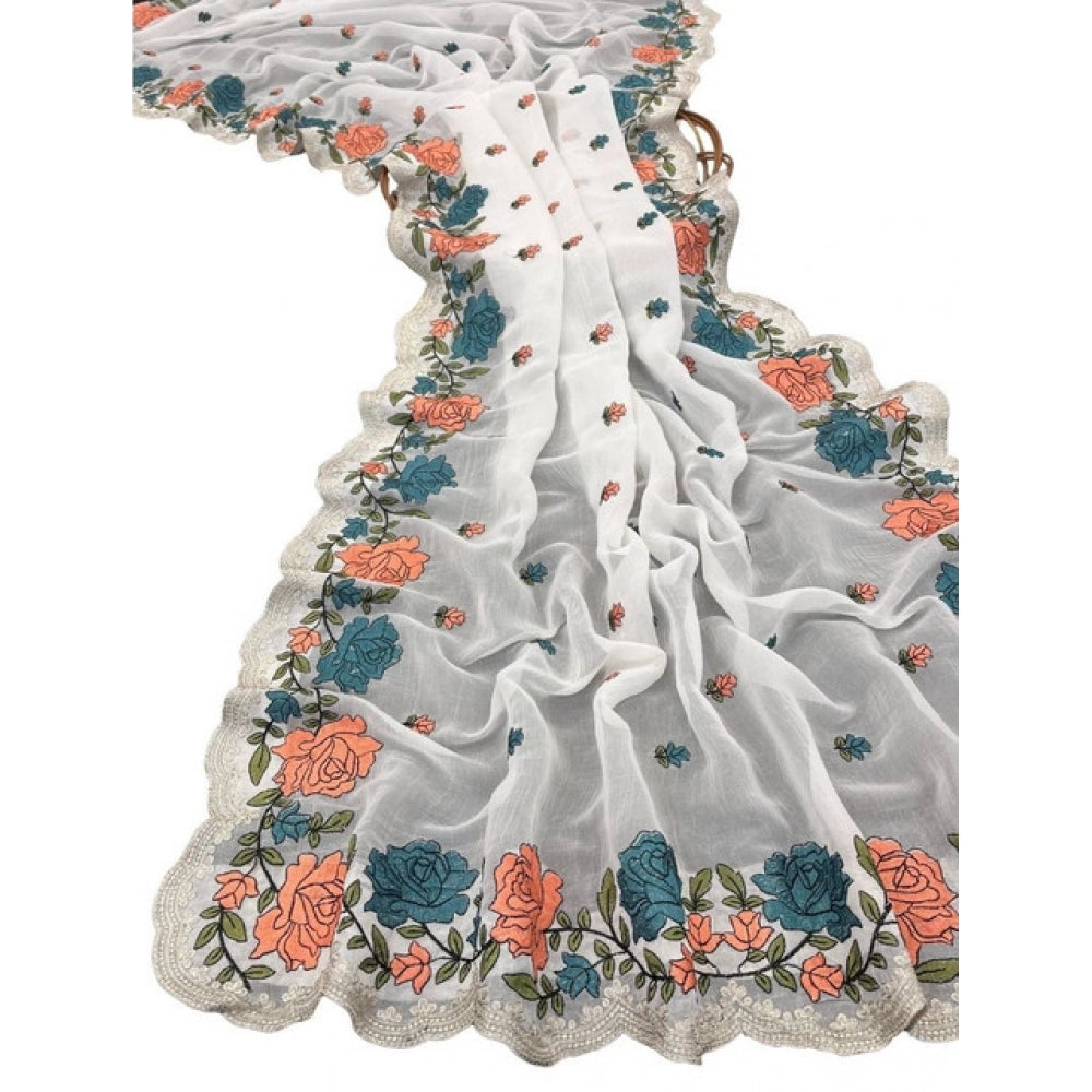 Women's Chiffon Embroidered Saree With Unstitched Blouse 5.5Mtr (White)