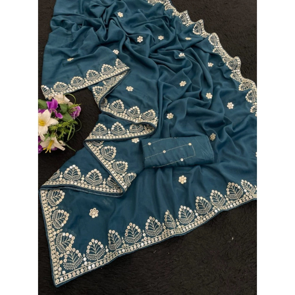 Women's Georgette Embellished Saree With Unstitched Blouse 5.5Mtr (Blue)