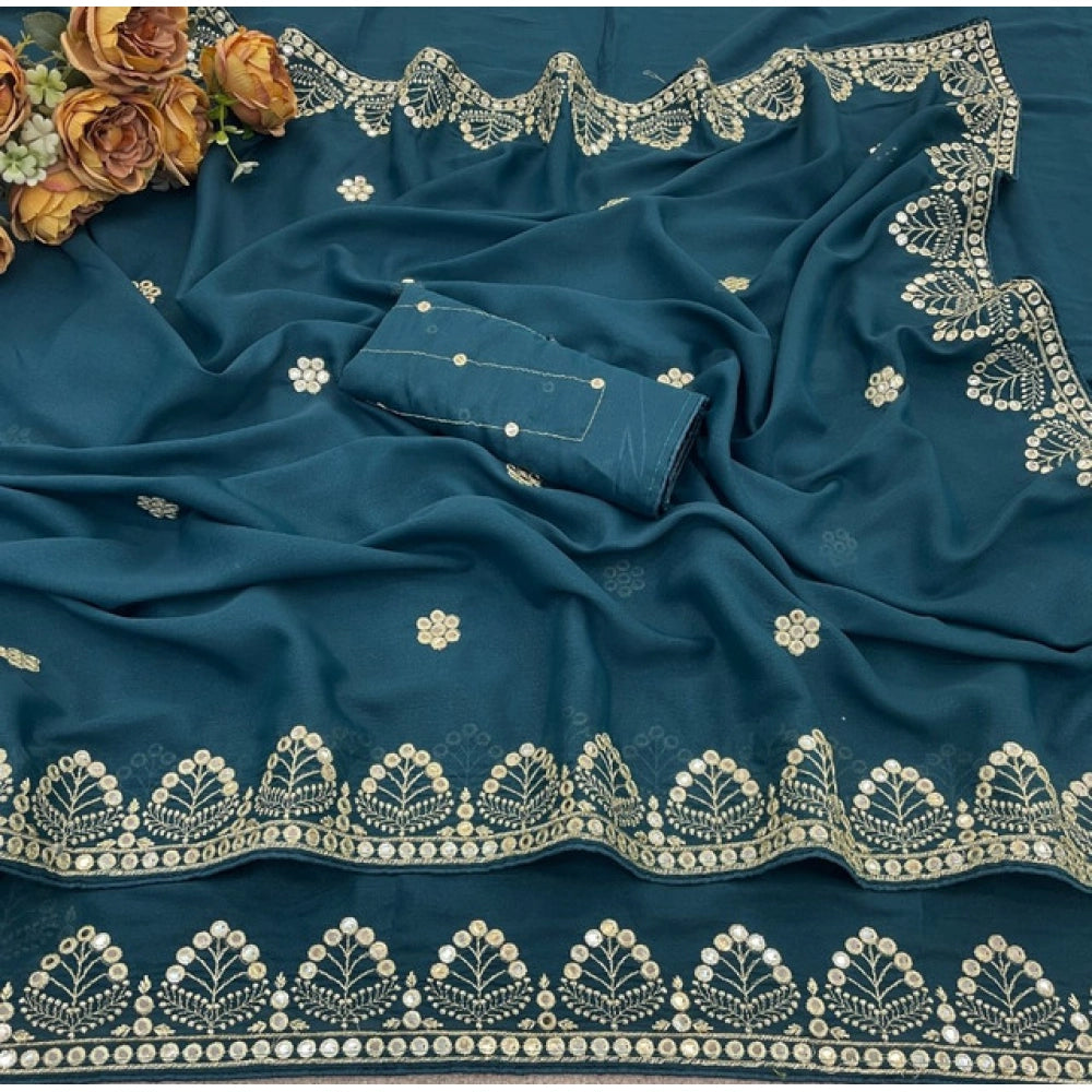 Women's Georgette Embellished Saree With Unstitched Blouse 5.5Mtr (Blue)