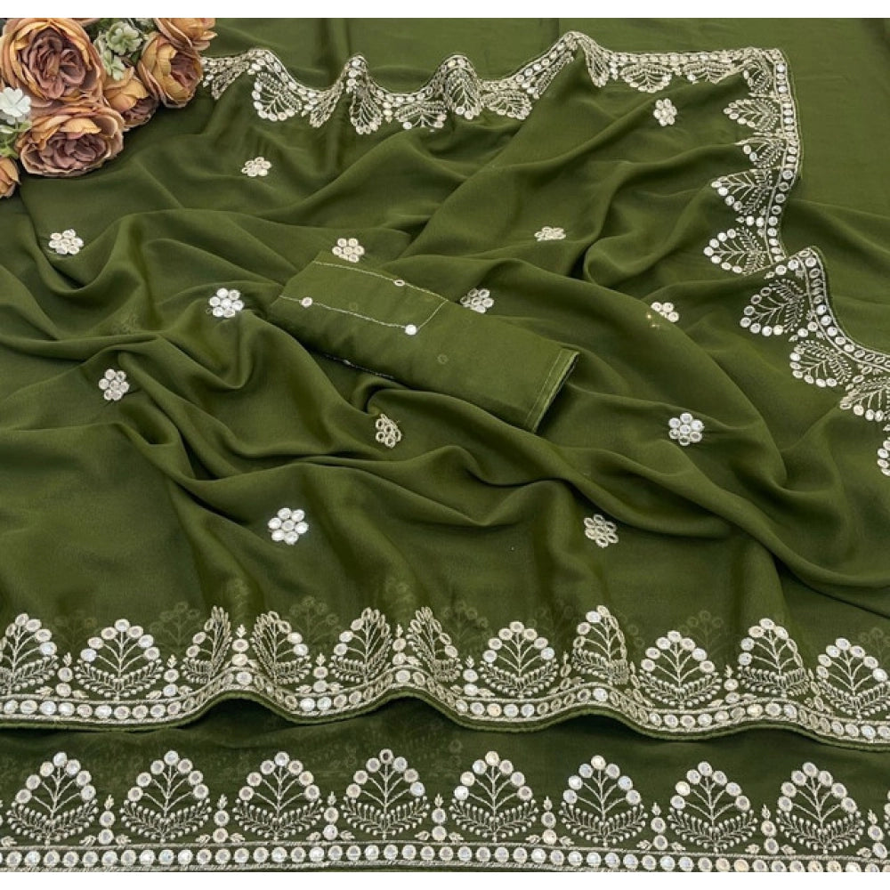 Women's Georgette Embellished Saree With Unstitched Blouse 5.5Mtr (Green)