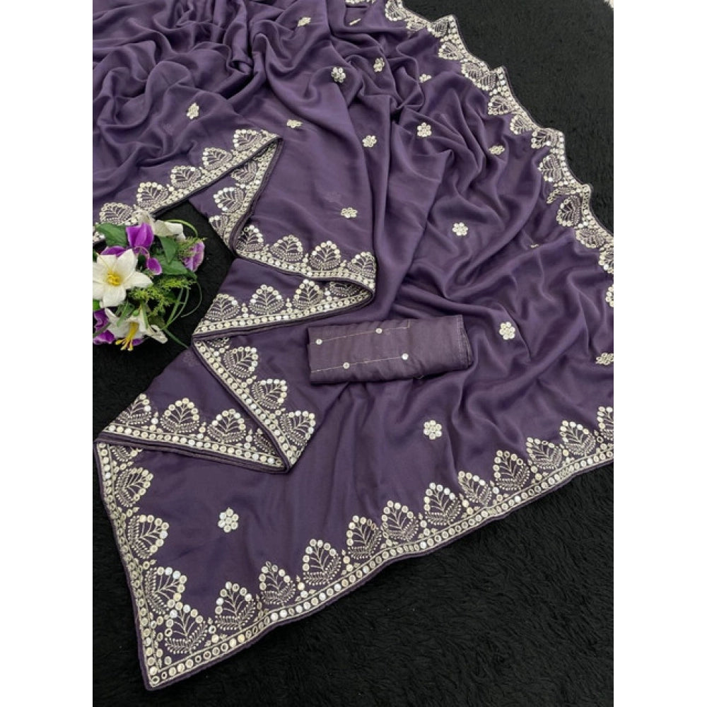 Women's Georgette Embellished Saree With Unstitched Blouse 5.5Mtr (Levander)