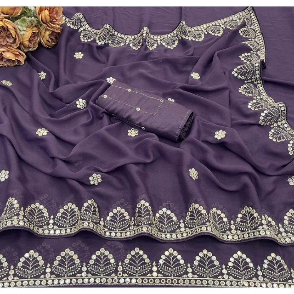 Women's Georgette Embellished Saree With Unstitched Blouse 5.5Mtr (Levander)