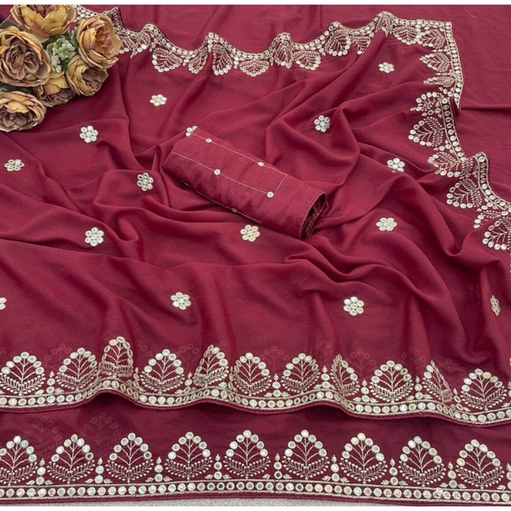 Women's Georgette Embellished Saree With Unstitched Blouse 5.5Mtr (Maroon)