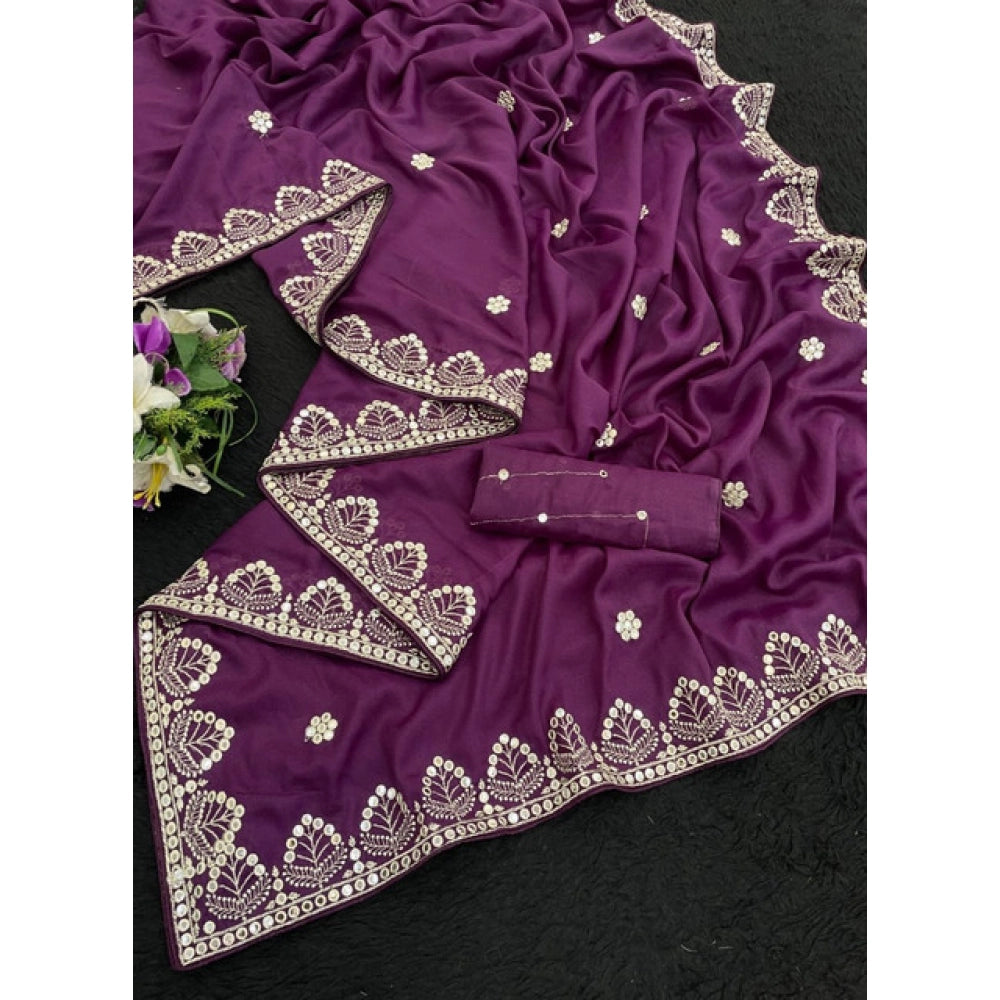 Women's Georgette Embellished Saree With Unstitched Blouse 5.5Mtr (Purple)