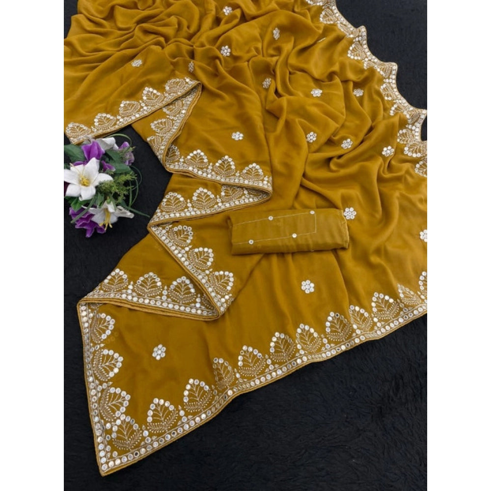 Women's Georgette Embellished Saree With Unstitched Blouse 5.5Mtr (Mustard-Yellow)