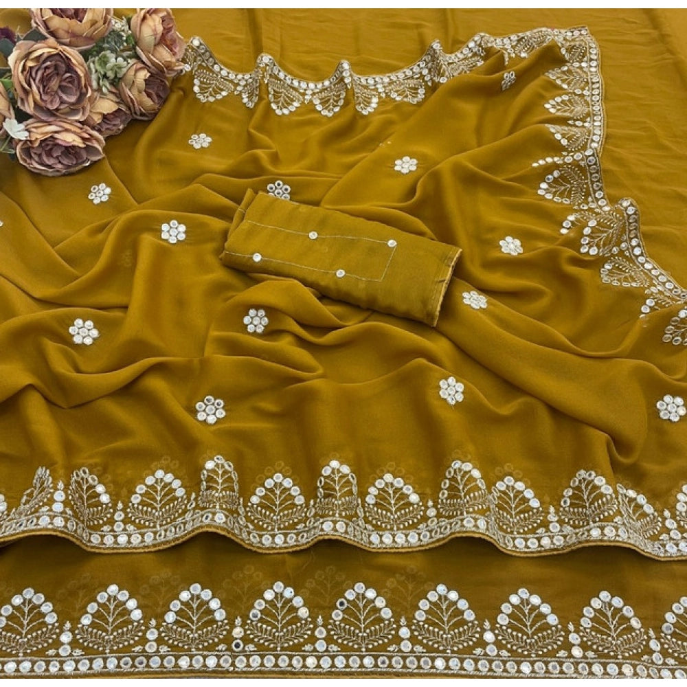 Women's Georgette Embellished Saree With Unstitched Blouse 5.5Mtr (Mustard-Yellow)