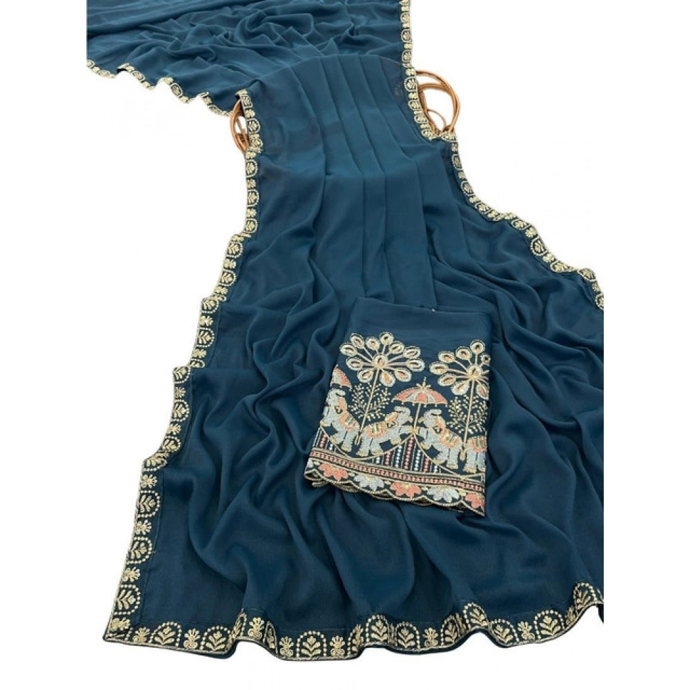 Women's Art Silk Embroidered Saree With Unstitched Blouse 5.5Mtr (Blue)