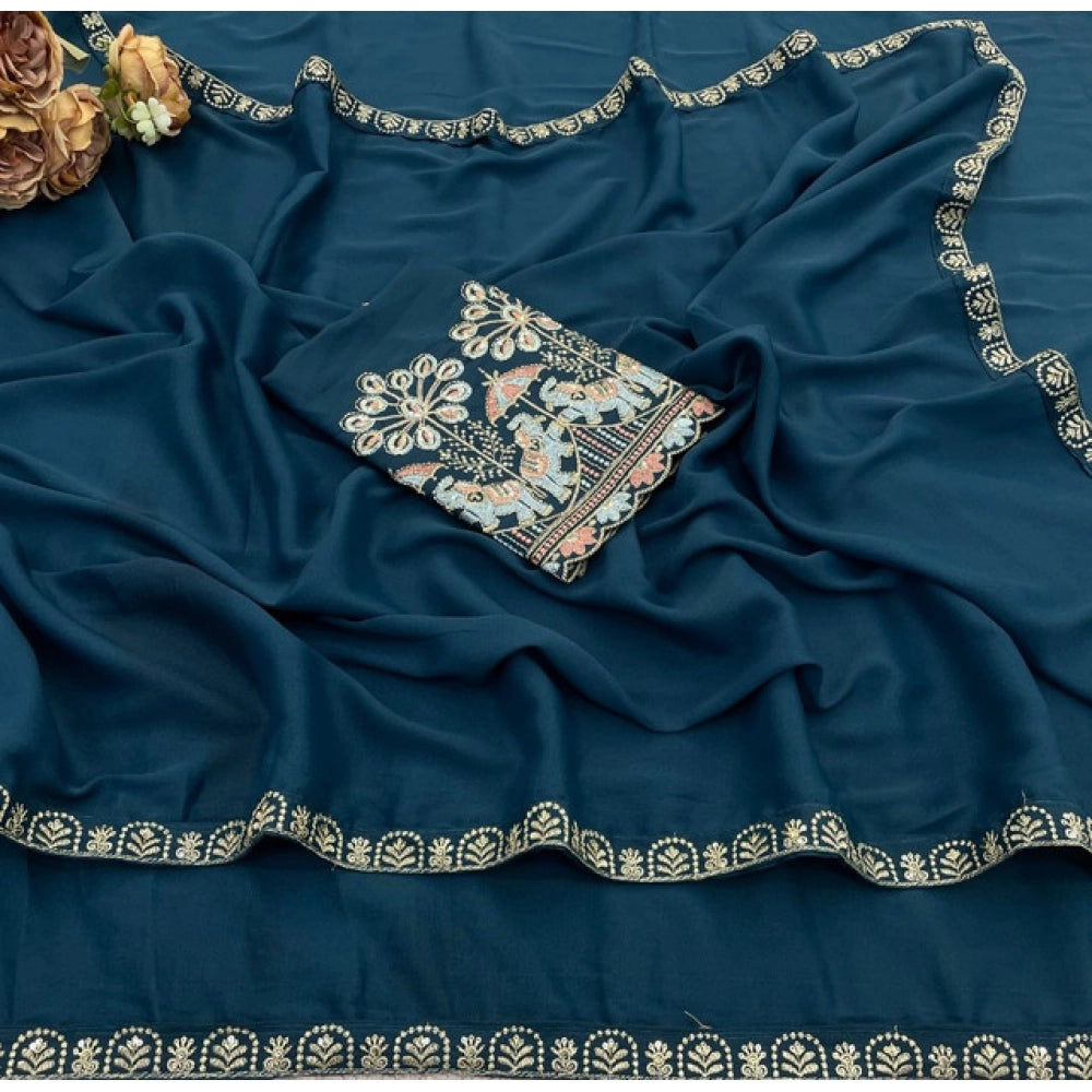 Women's Art Silk Embroidered Saree With Unstitched Blouse 5.5Mtr (Blue)