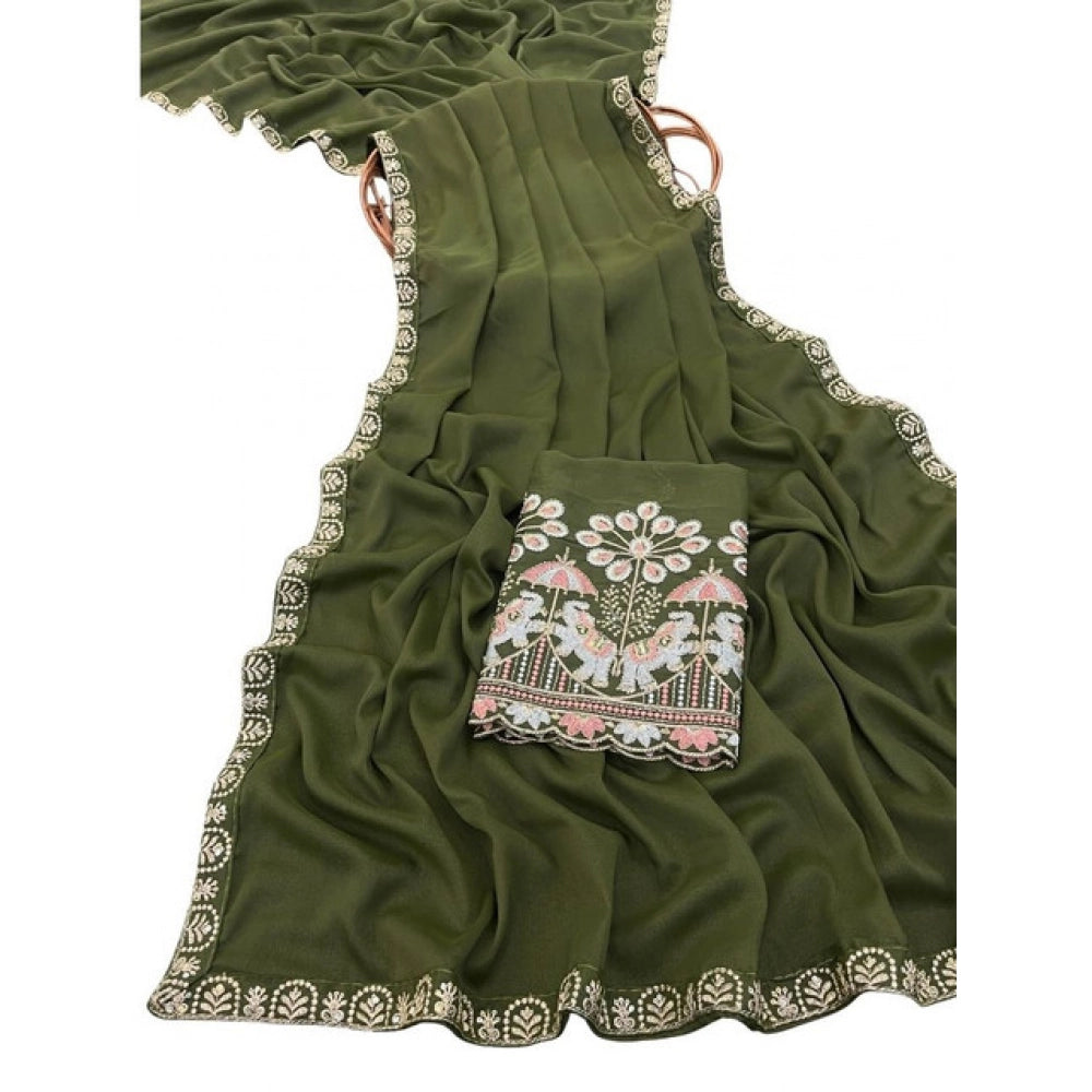 Women's Art Silk Embroidered Saree With Unstitched Blouse 5.5Mtr (Green)