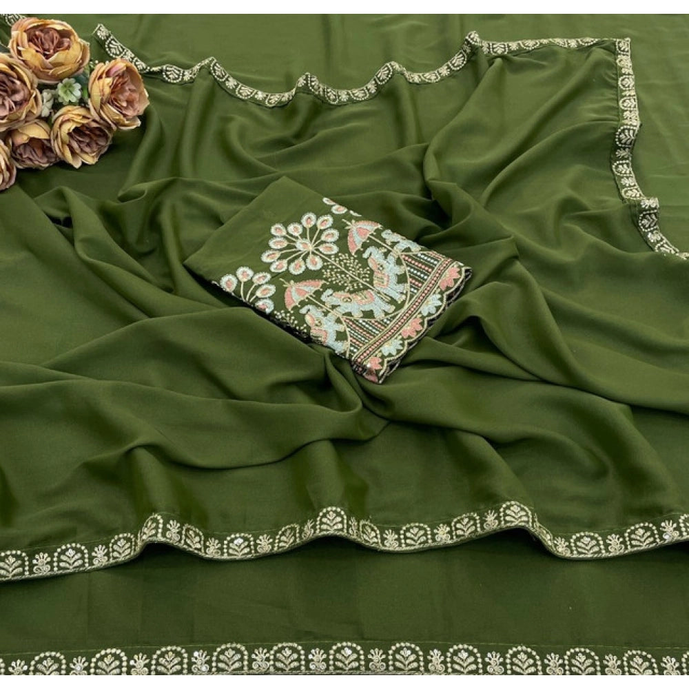 Women's Art Silk Embroidered Saree With Unstitched Blouse 5.5Mtr (Green)