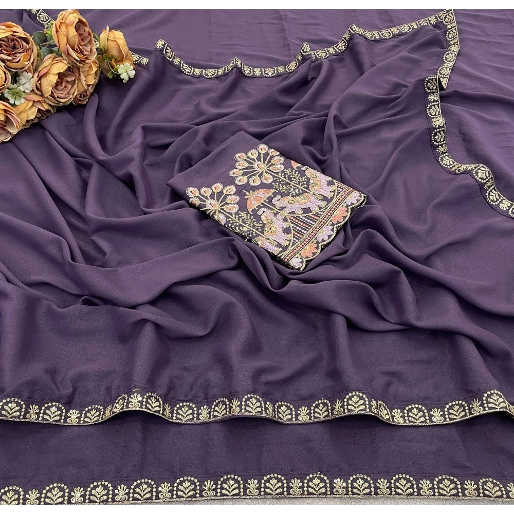 Women's Art Silk Embroidered Saree With Unstitched Blouse 5.5Mtr (Lavender)