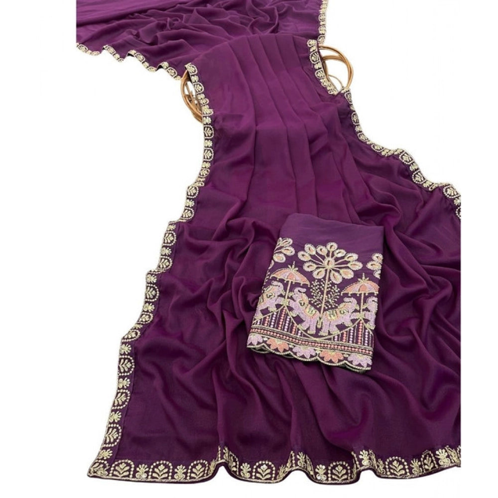 Women's Art Silk Embroidered Saree With Unstitched Blouse 5.5Mtr (Purple)
