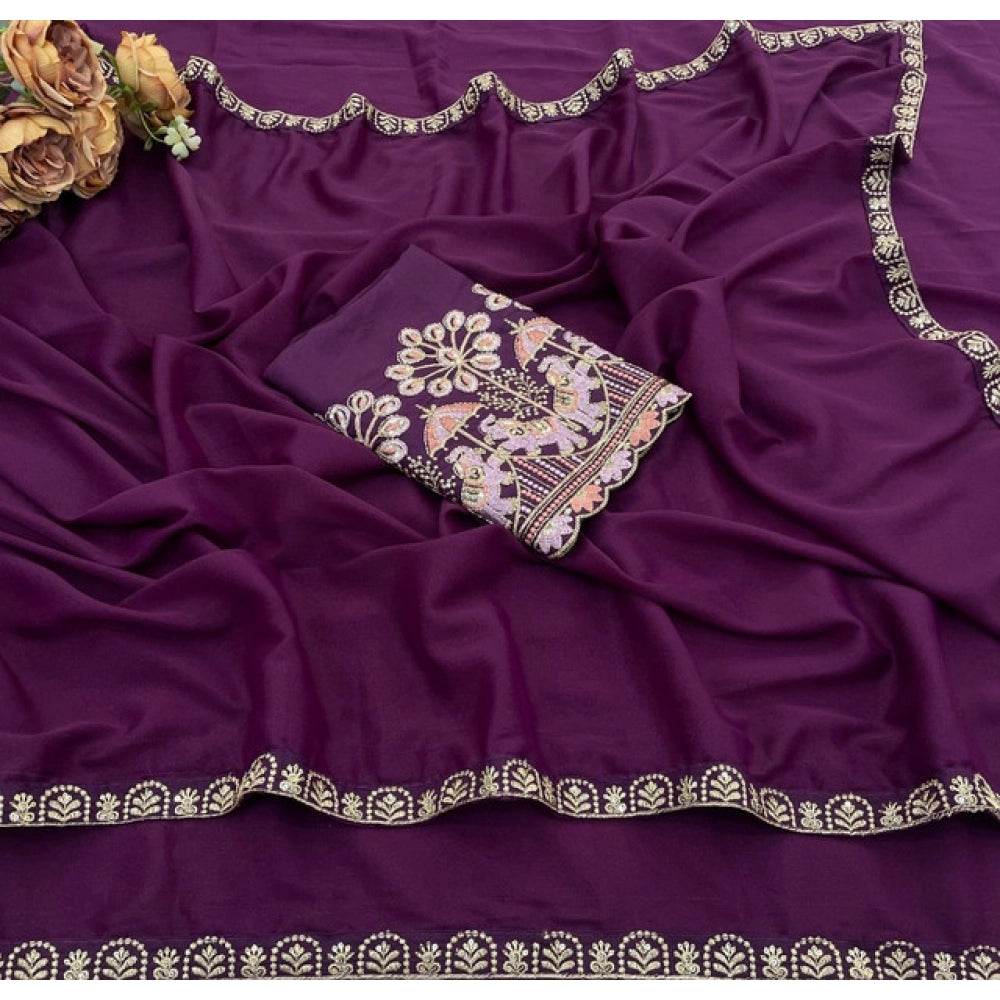 Women's Art Silk Embroidered Saree With Unstitched Blouse 5.5Mtr (Purple)
