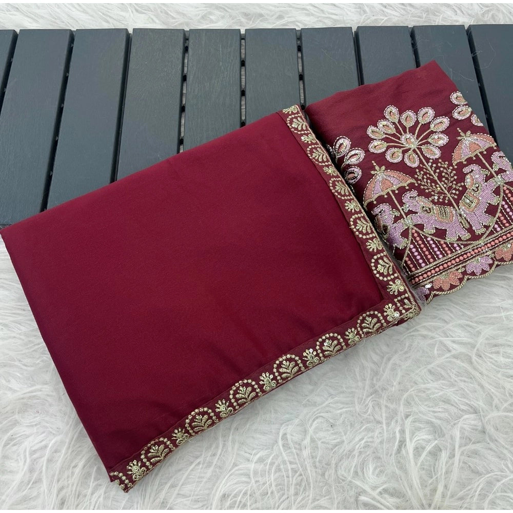 Women's Art Silk Embroidered Saree With Unstitched Blouse 5.5Mtr (Maroon)
