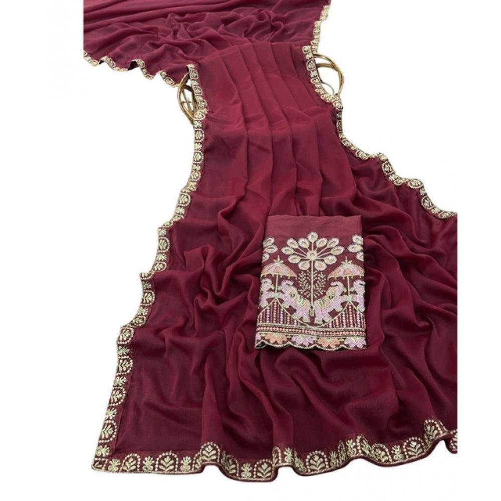 Women's Art Silk Embroidered Saree With Unstitched Blouse 5.5Mtr (Maroon)