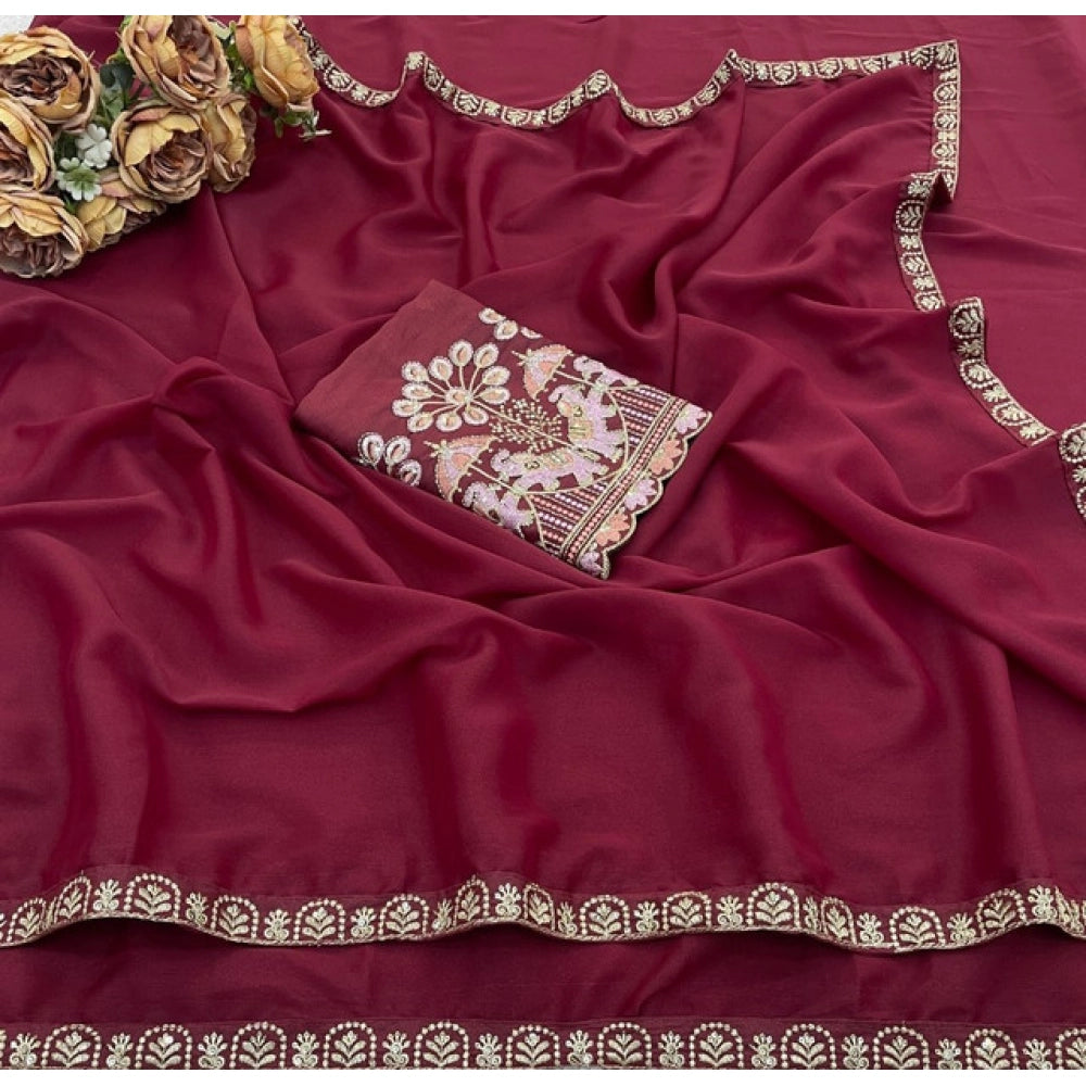 Women's Art Silk Embroidered Saree With Unstitched Blouse 5.5Mtr (Maroon)
