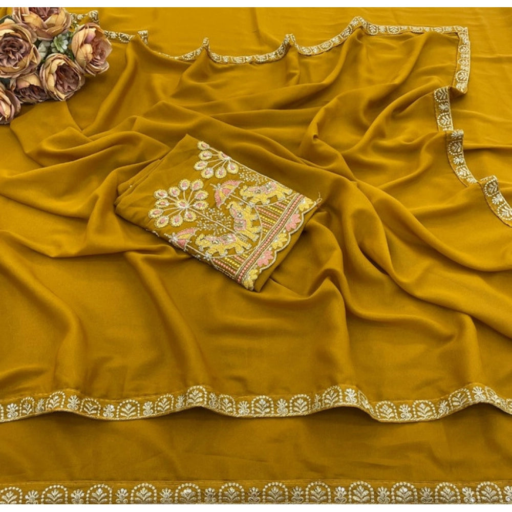 Women's Art Silk Embroidered Saree With Unstitched Blouse 5.5Mtr (Yellow)
