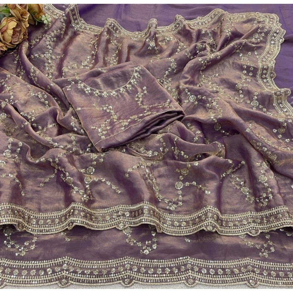 Women's Silk Embellished Saree With Unstitched Blouse 5.5Mtr (Lavender)