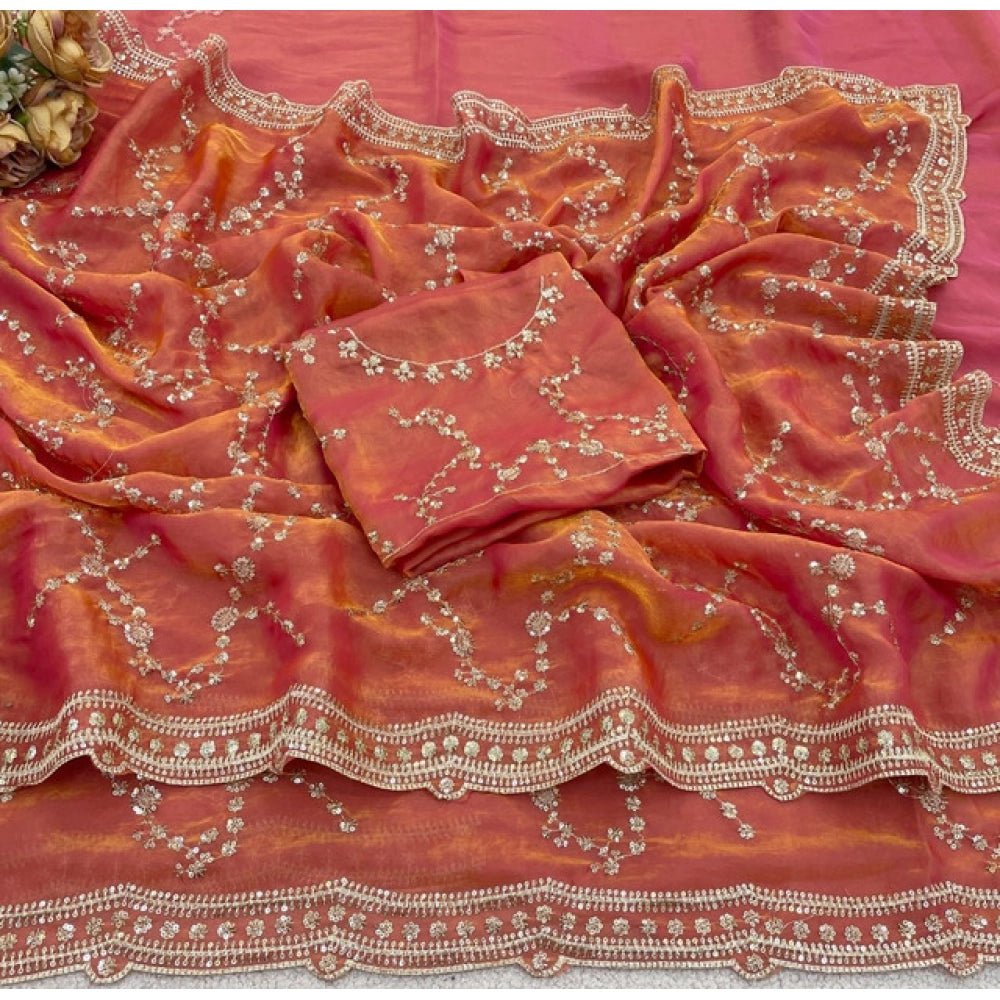 Women's Silk Embellished Saree With Unstitched Blouse 5.5Mtr (Orange)