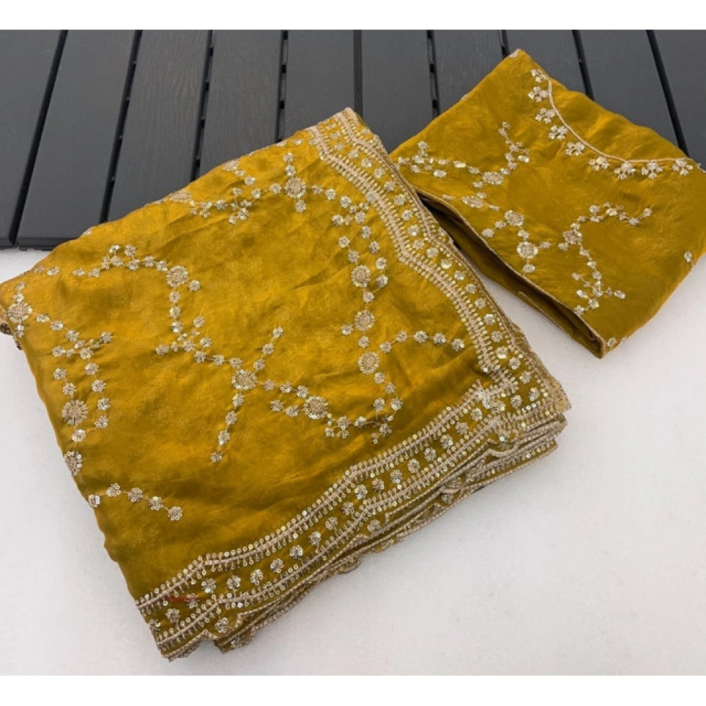 Women's Silk Embellished Saree With Unstitched Blouse 5.5Mtr (Mustard-Yellow)