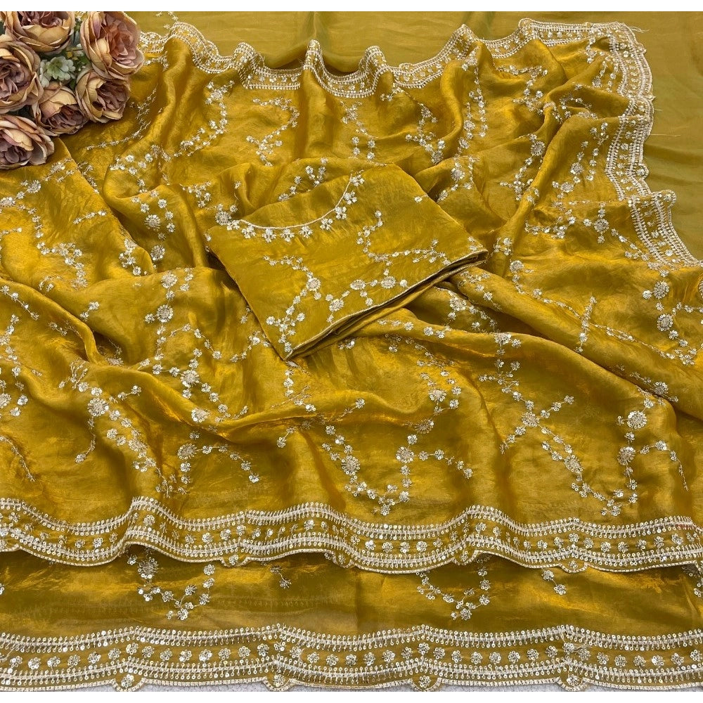 Women's Silk Embellished Saree With Unstitched Blouse 5.5Mtr (Mustard-Yellow)