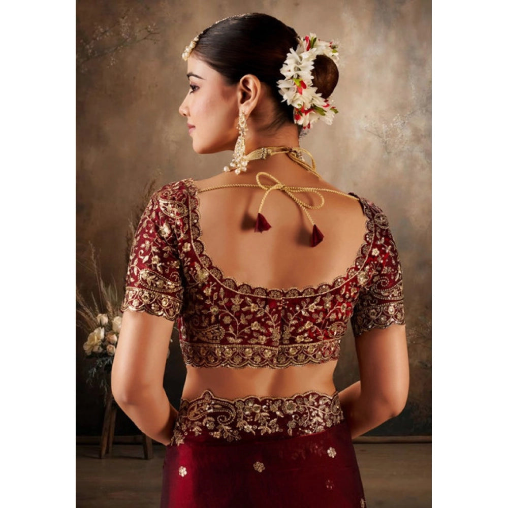Women's Silk Embroidered Saree With Unstitched Blouse 5.5Mtr (Maroon)