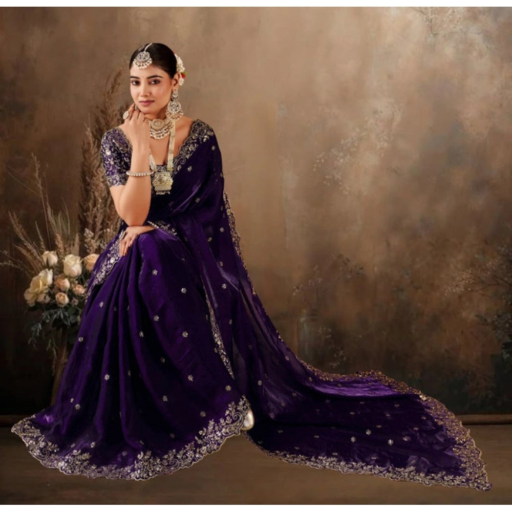 Women's Silk Embroidered Saree With Unstitched Blouse 5.5Mtr (Purple)