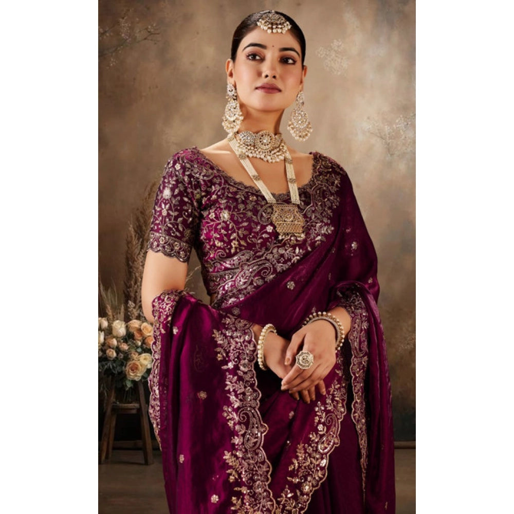 Women's Silk Embroidered Saree With Unstitched Blouse 5.5Mtr (Wine)