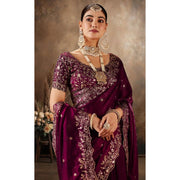 Women's Silk Embroidered Saree With Unstitched Blouse 5.5Mtr (Wine)
